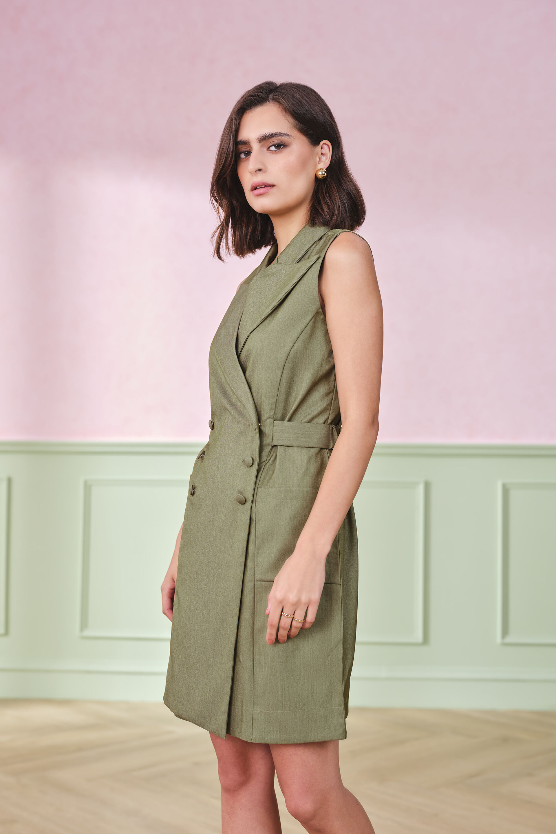 Olive Wrap Terry Blend Blazer Dress, Olive, image 3